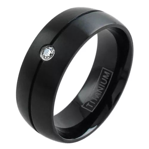 Black Titanium Men's 0.03 Carat CZ Grooved Center Wedding Band Ring Size 11
